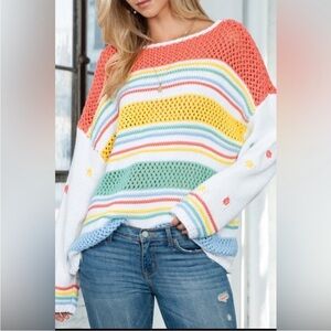 NWOT Multicolor Hollow Striped Knit Contrast Sleeve Sweater